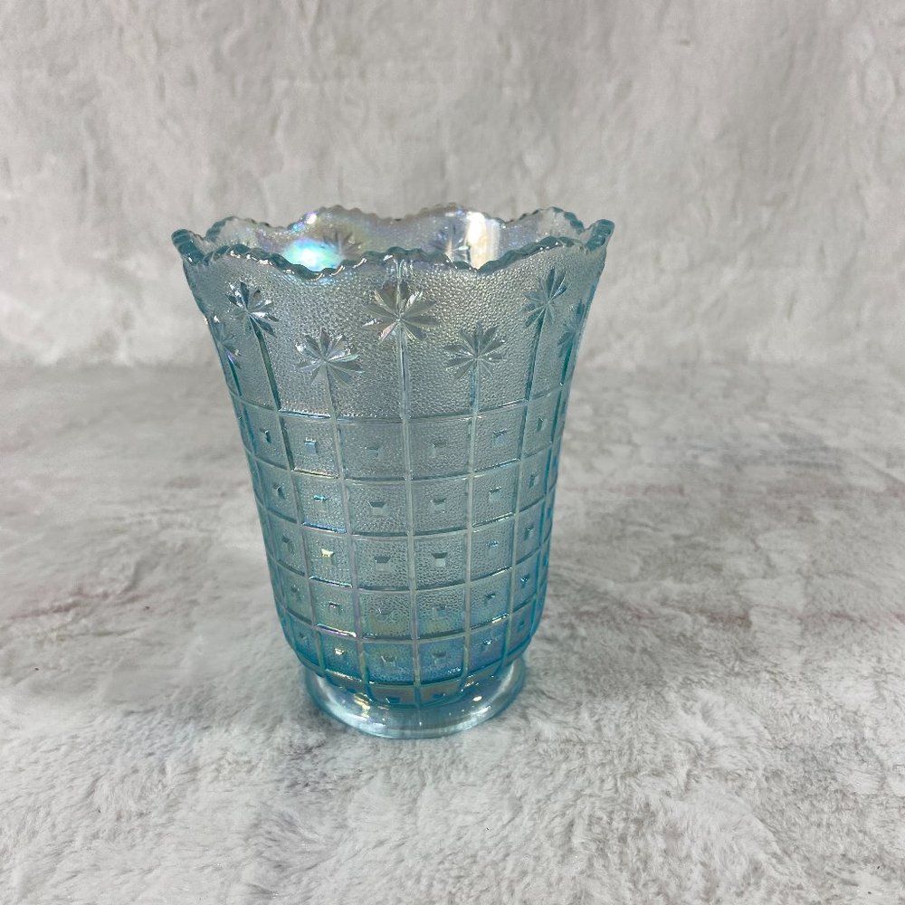 Imperial Glass Blue Iridescent Carnival Flower Block Scalloped Vase Lennox Rare